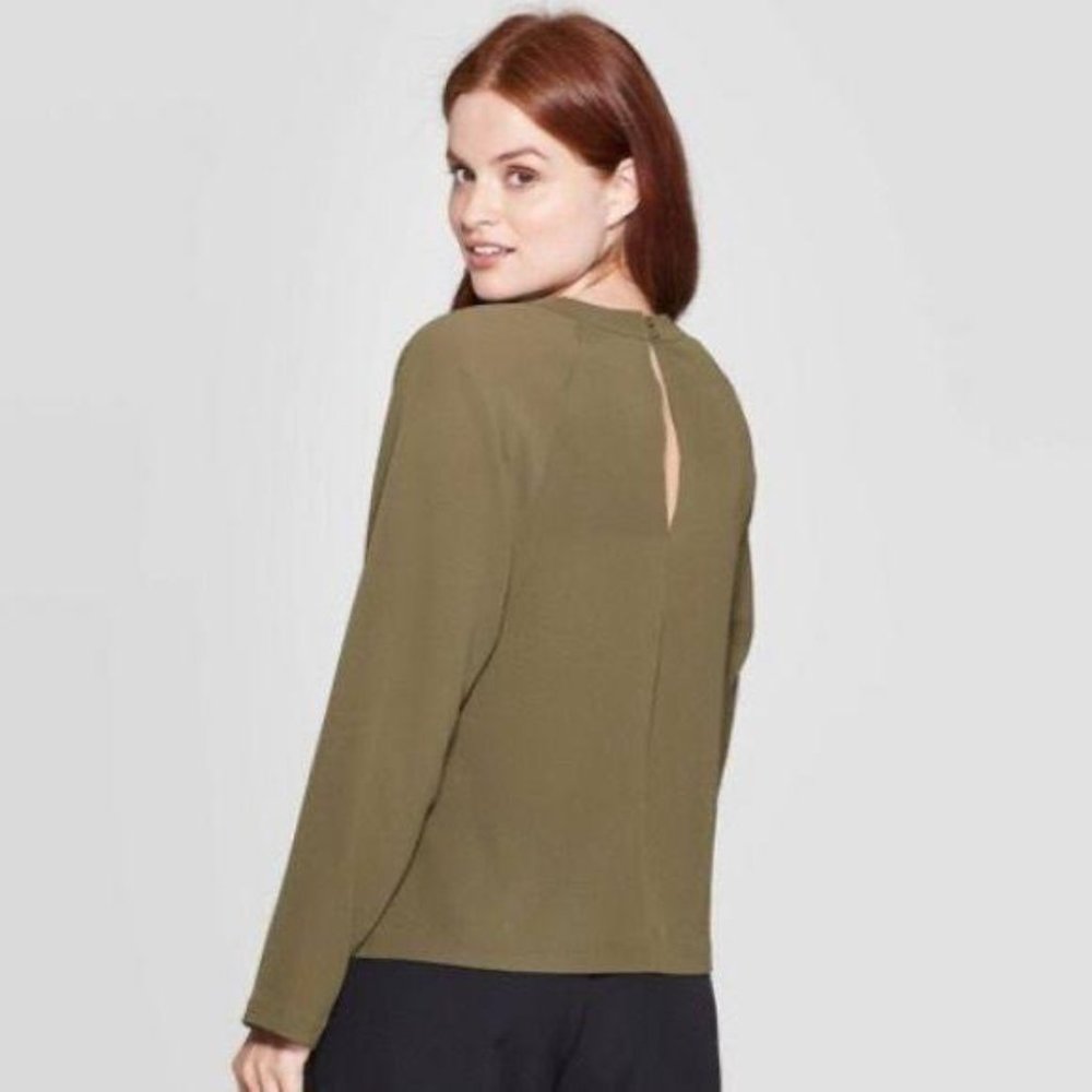 Prologue Olive Green Vneck Long Sleeve Blouse - Picture 3 of 8